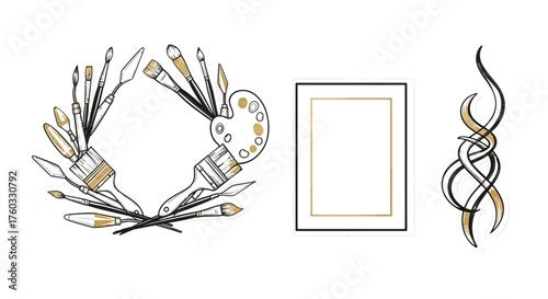 Elegant art gallery vector elements with paintbrush wreath, picture frame, and sculpture for fine art dealer branding