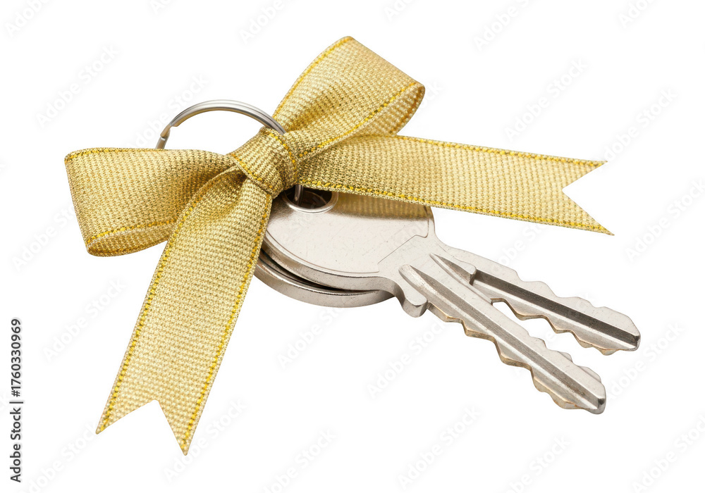 Fototapeta premium A pair of keys tied with a gold ribbon, isolated on transparent background the keys are silver and the ribbon is shiny, creating a celebratory or giftgiving concept for new home