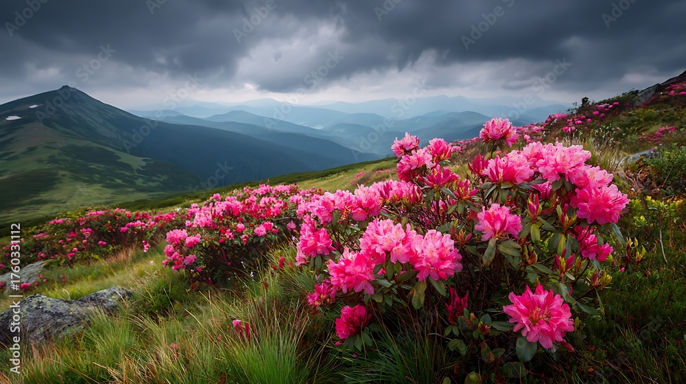 Obraz premium Stunning pink rhododendron blooms carpet a vibrant mountain slope under dramatic, moody clouds, showcasing nature's breathtaking beauty.