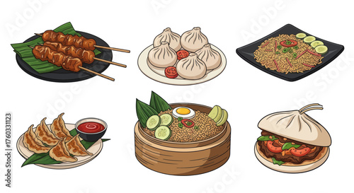 Assortment of Delicious Asian Dumplings and Skewers.
