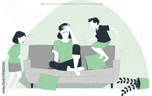 Stressed Mother Sitting on Sofa While Children Play Loudly and Messily Indoors overwhelmed tired