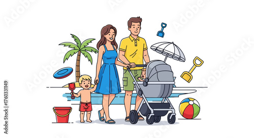 Happy Family Beach Vacation with Baby Stroller and Toddler Illustration.