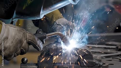 Skilled Welder Creates Sparking Metal Art with Precision and Safety.