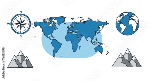 World Map with Compass Globe and Mountains for Travel and Exploration.