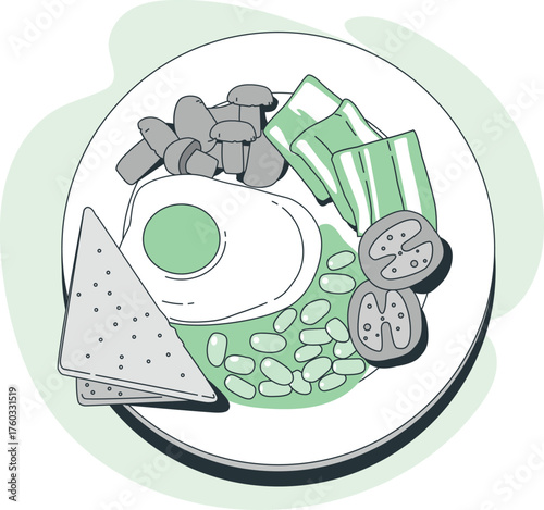 Full English breakfast on a plate with fried egg toast beans and bacon Keywords: breakfast, food, meal, english, full, fried egg, toast, bread, beans, baked beans, bacon, mushrooms, tomatoes