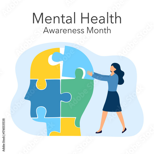 Person assembling a brain with jigsaw puzzle. Mental health support concept, wellness mindfulness in psychiatric therapy in depression