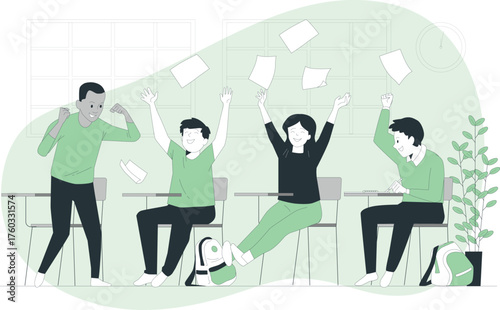 Students celebrating in classroom throwing papers in the air Keywords: students, classroom, education, school, learning, success, celebration, achievement, graduation, exam, test, papers, throwing
