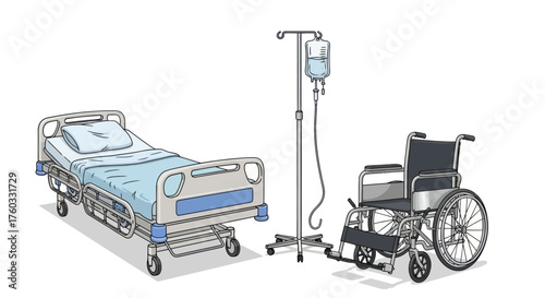 Hospital Room Equipment: Bed IV Drip and Wheelchair Illustration.