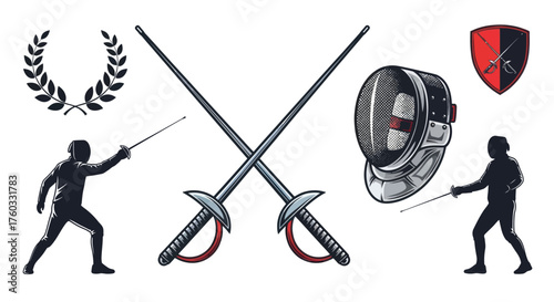 Fencing Sport Equipment and Fencers Silhouettes Vector Illustration Set.
