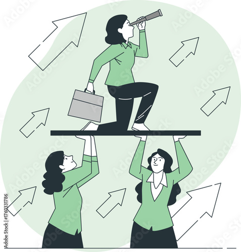 Businesswomen supporting leader looking through telescope with upward arrows Keywords: business, women, team, support, leader, success, growth, strategy, vision, telescope, looking, forward