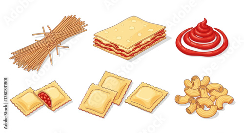 Assortment of Illustrated Pasta and Sauce Dishes Isolated.