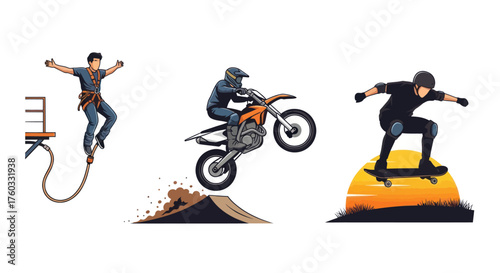 Thrill-seeking individuals engaged in extreme sports activities: bungee jumping motocross and snowboarding.