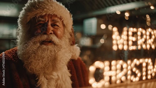 Santa Claus Waving at a Merry Christmas Sign in Festive Setting Generative AI