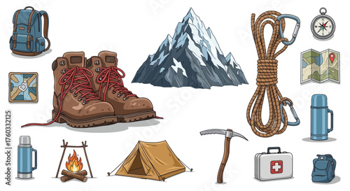 Collection of Mountaineering and Camping Gear for Outdoor Adventures.