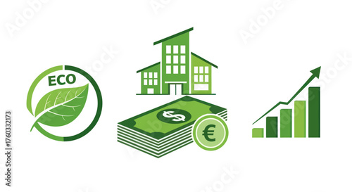Green Eco-Friendly House Money and Growth Chart Icons.