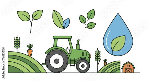 Green Tractor on Farm Field with Crops and Water Drop.
