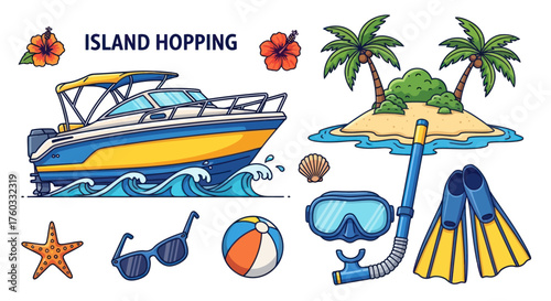 Colorful Motorboat Sailing on Ocean Waves with Canopy.