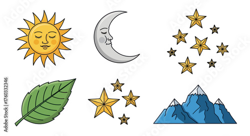 Hand-drawn Celestial and Natural Elements Collection on White Background.