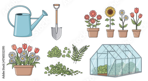 Gardening Tools and Plants: Watering Can Shovel Greenhouse and Flowers in Pots.