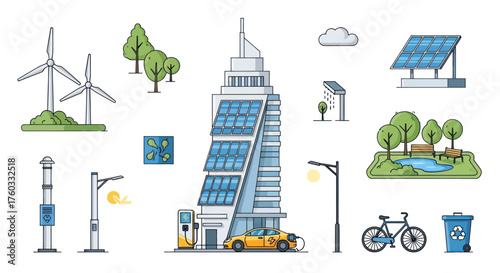 Sustainable City Elements: Wind Turbines Solar Panels Electric Car and Green Infrastructure.