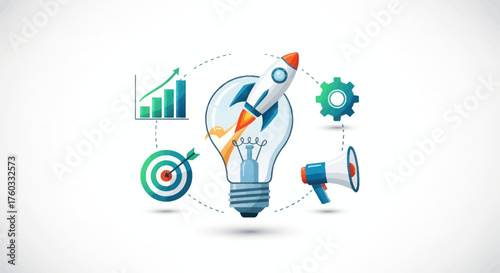 Rocket Launching from Lightbulb Symbolizing Startup Business Growth and Innovation.