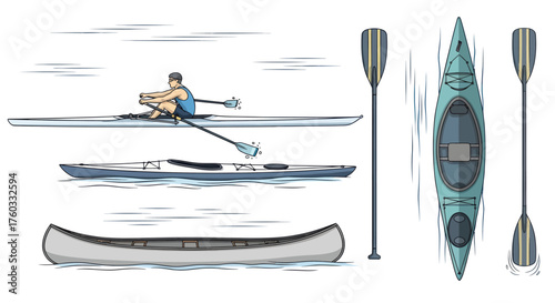 Hand-drawn illustration of water sports boats: rowing shell kayak canoe and paddles.