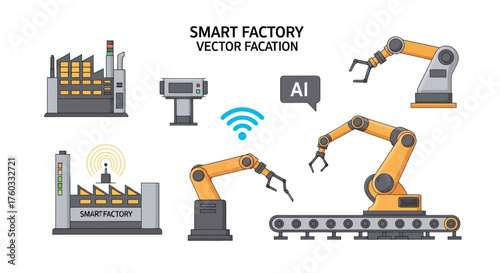 Smart Factory Industrial Automation Robotics Vector Illustration Set.