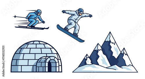Winter Sports and Structures: Skier Snowboarder Igloo and Snowy Mountains.