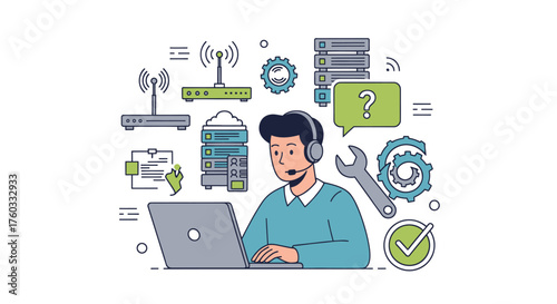 IT Support Specialist Working on Laptop with Network and Tech Icons.