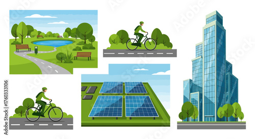 Diverse Urban and Green City Elements: Park Cyclists Solar Panels Skyscraper.