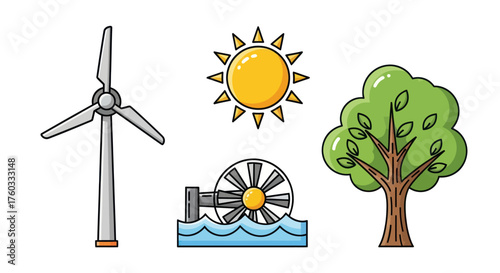 Renewable Energy Icons: Wind Turbine Sun Water Wheel and Tree.