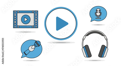 Blue Media Player Audio and Video Icons Collection.