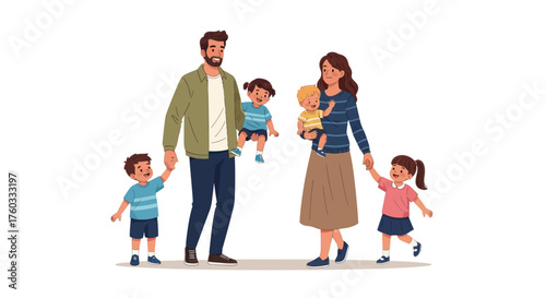 Happy Family with Four Young Children Posing Together.