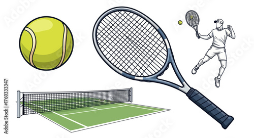Tennis Equipment Set: Ball Racket Net and Player Illustration.
