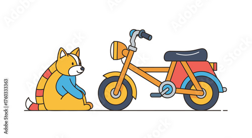 Cartoon Dog Gazing at a Small Orange Motorcycle with Blue Accents.