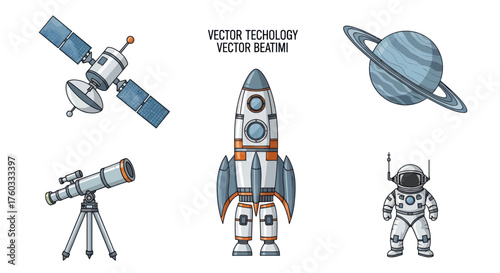 Hand-drawn Space Exploration Objects Vector Set: Satellite Rocket Planet Telescope Astronaut Suit.