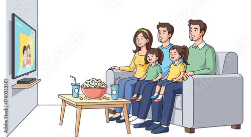 Family of Four Watching Television Together on Sofa with Snacks.