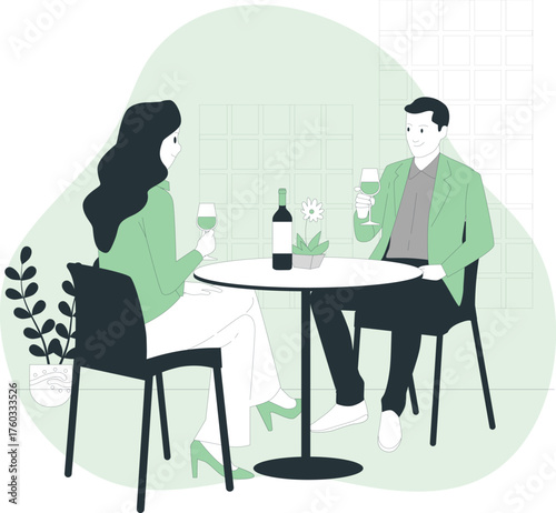 Couple enjoying wine at a table with a bottle and flower in a restaurant setting woman drinking