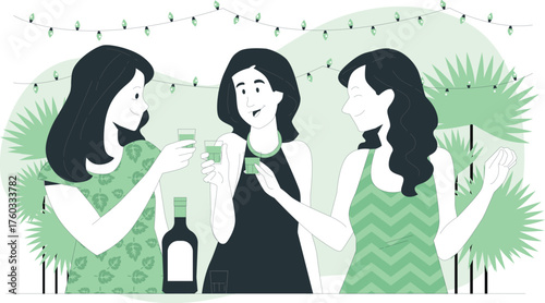 Three Women Toasting Drinks at a Party with String Lights and Plants celebration