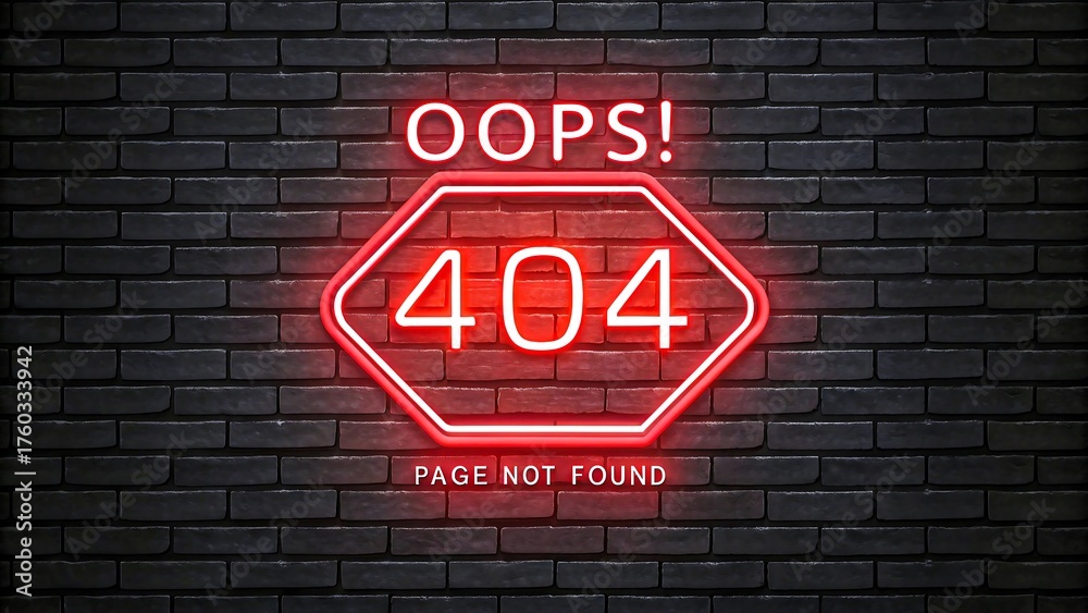Fototapeta premium Neon 404 error page not found sign glowing on dark brick wall background 
