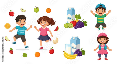 Cheerful Cartoon Children Playing with Fruits and Milk Cartons.