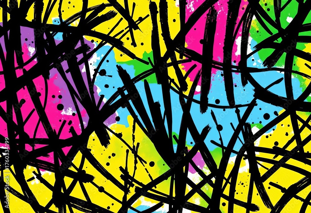 Fototapeta premium Bold black chaotic ink scribbles; seamless playful abstract background, hand drawn, drawing