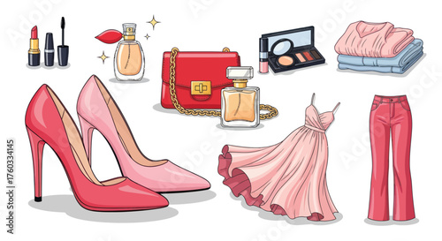 Fashionable Womens Accessories and Clothing Collection Including Shoes Perfume and Makeup.
