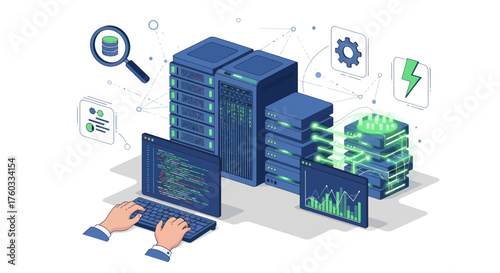 Modern Data Center Servers with Network and Analytics Displays.