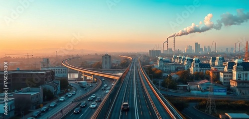 Cityscape with cars, bridge, factory smoke, polluted atmosphere, gas, cancer