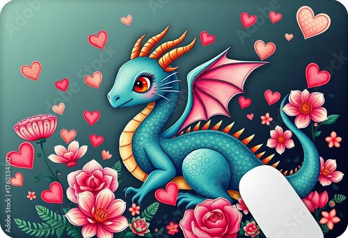 Charming whimsical dragon & floral mousepad design with hearts,  colorful,  spring
