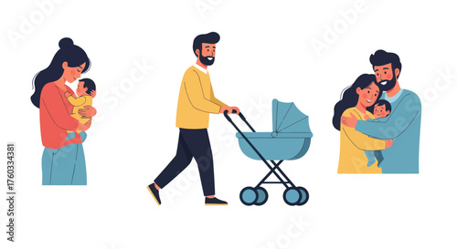 Parents with Newborn Babies and Stroller: Mother Holding Infant Father Pushing Stroller Couple Embracing Baby.