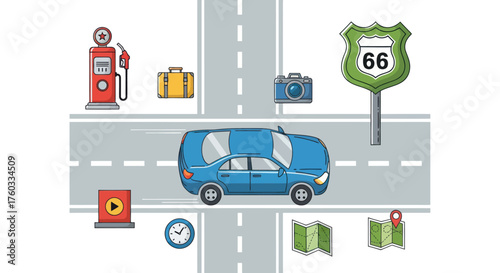 Blue Car Driving on Road with Route 66 Sign and Accessories.