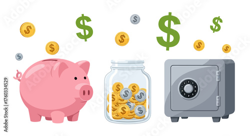 Pink Piggy Bank Coin Jar and Metal Safe with Dollar Signs.
