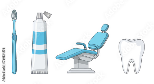 Dental Care Set: Toothbrush Toothpaste Chair and Tooth Illustration.